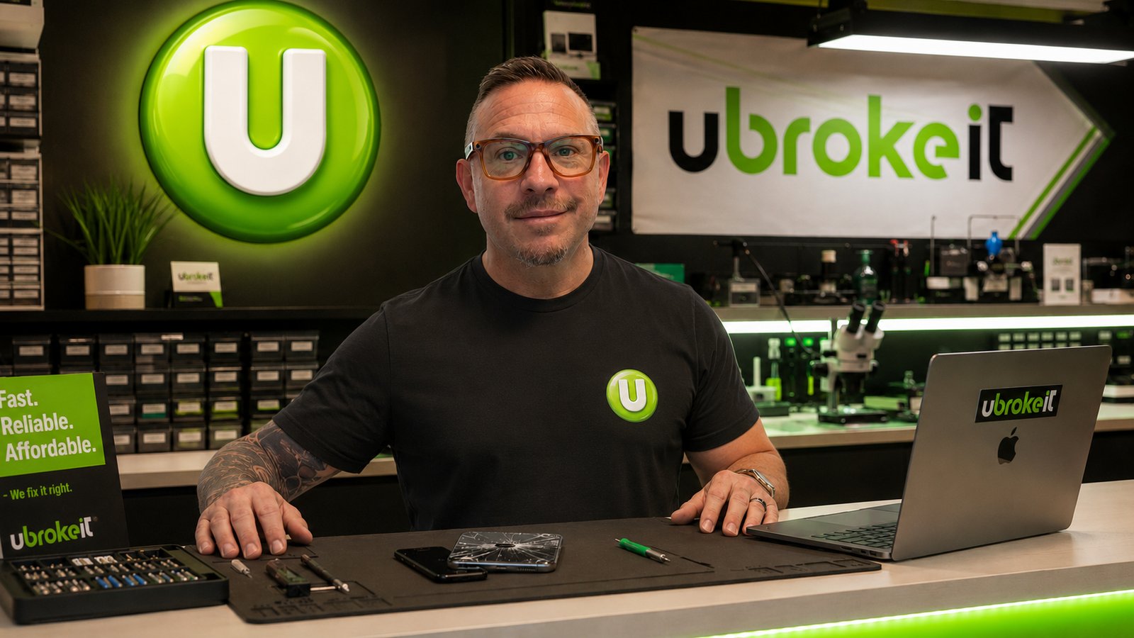 Gregory Mazzola standing behind the counter at the ubrokeit repair shop in West Los Angeles
