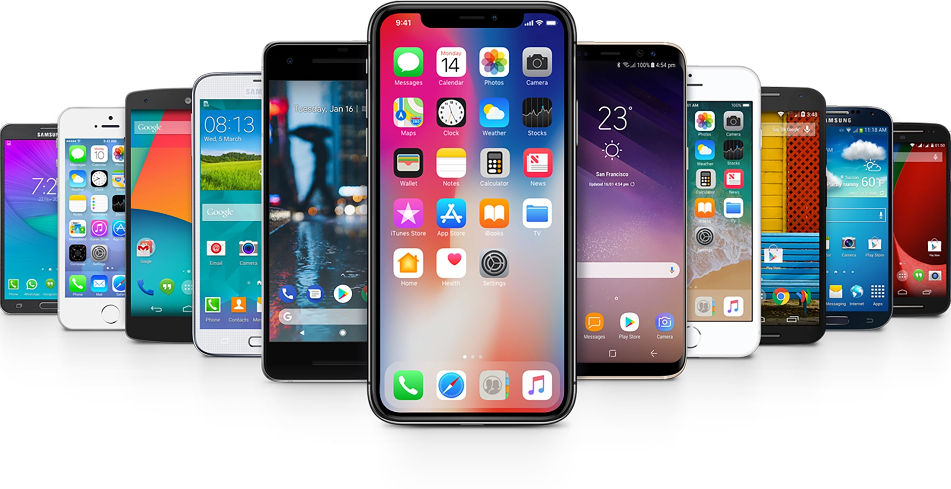 Various mobile phones all lined up together