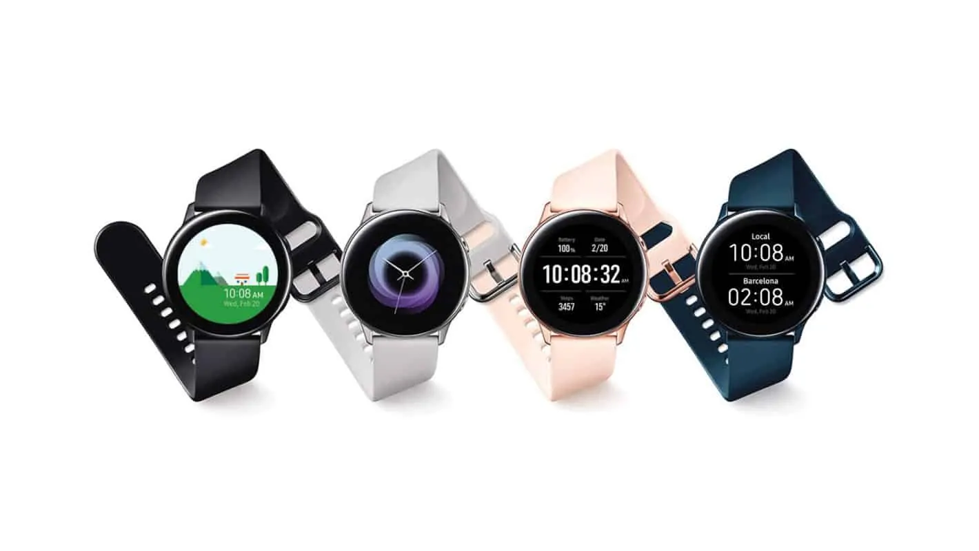 Four stylish smartwatches in various colors and designs, showcasing different watch faces and features.
