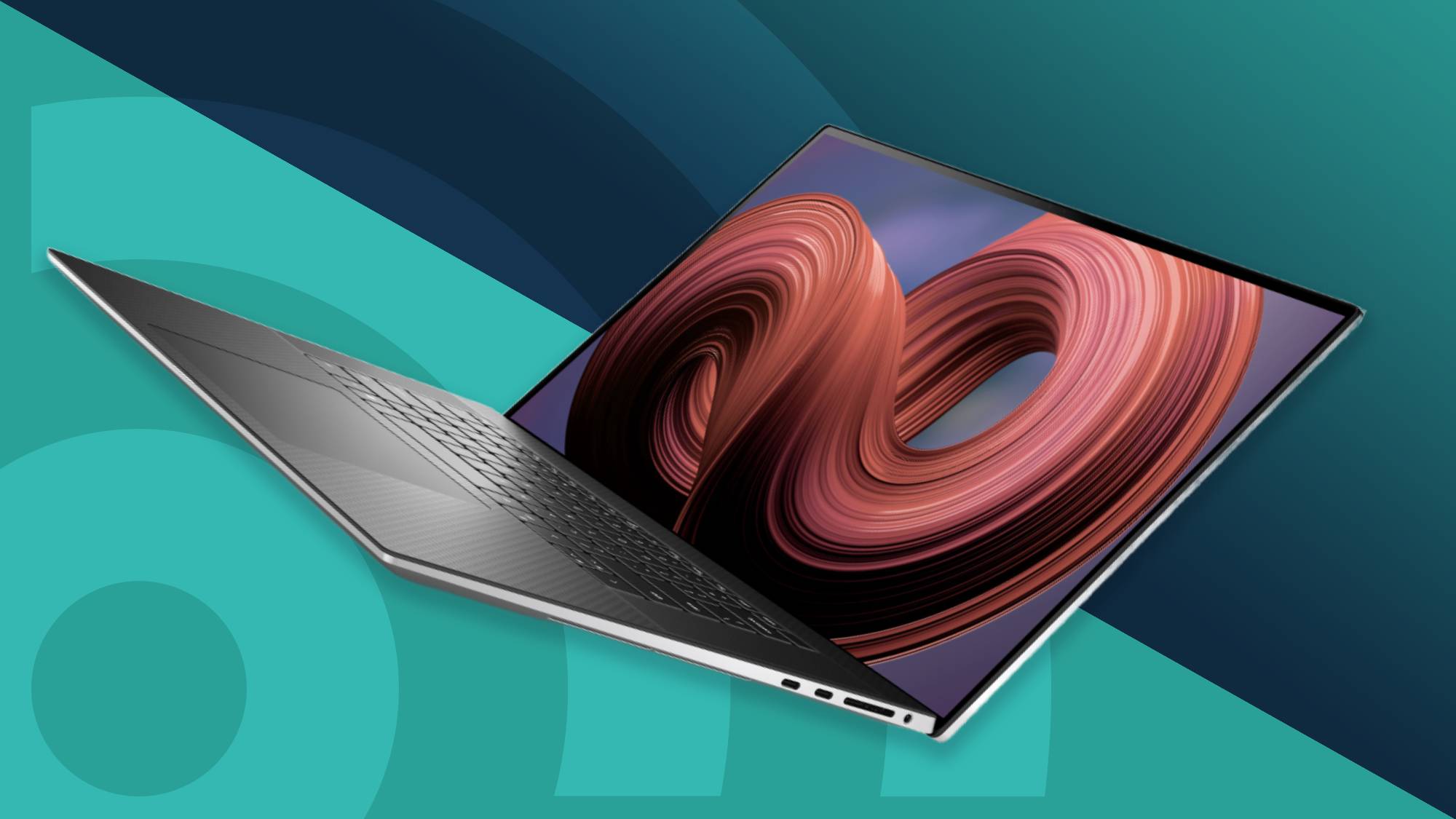 A sleek laptop with a vibrant abstract design on its screen, angled against a turquoise and dark blue background.