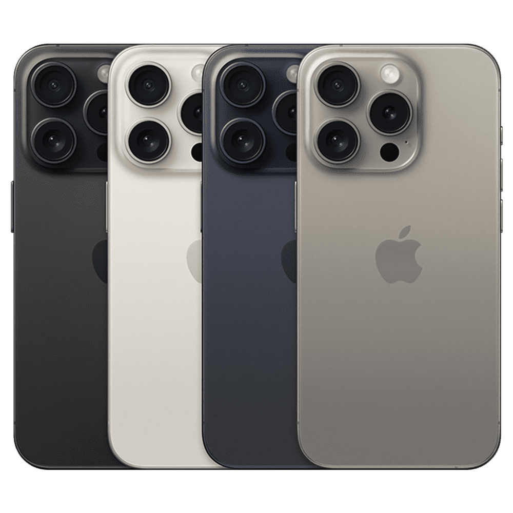 iphone 15 pro max in black titanium, white titanium, blue titanium, and natural titanium shown front and back available for repair at ubrokeit los angeles repair in los angeles