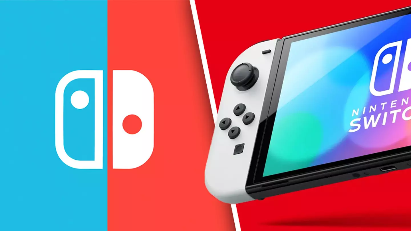 Close-up of a Nintendo Switch console on a vibrant red background, featuring the logo and controllers beside it.