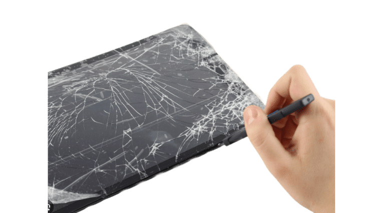 a person holds a pry tool for a broken screen on samsung tablet